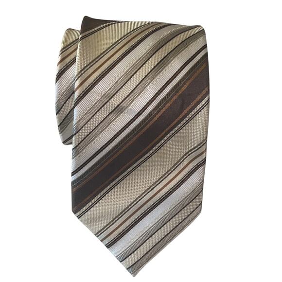 Valerio Garati Necktie  - 100% Polyester Brown Cream Gray Off White Striped Tie - Picture 1 of 13